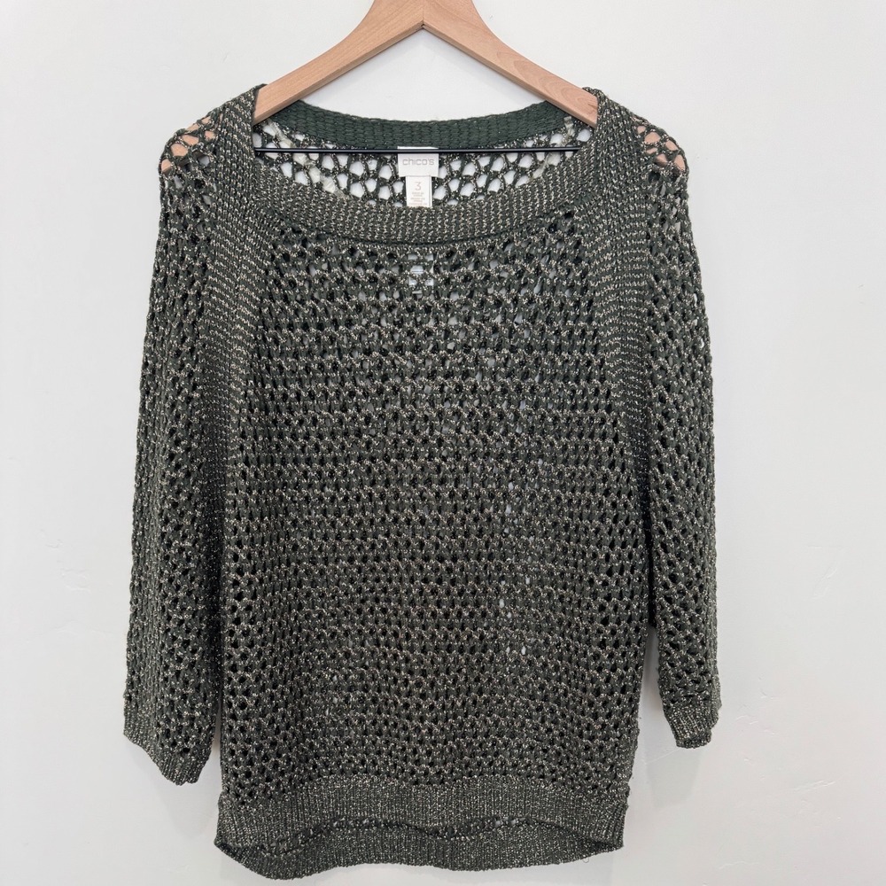 Chicos Jessica Open Knit Sweater Green Gold Metallic Fall 3/4 Sleeve XL Size 3‎